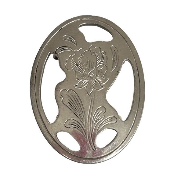 Vintage Signed Kirk Stieff Pewter Brooch Pin Etched Floral 2.25" - Picture 5 of 6